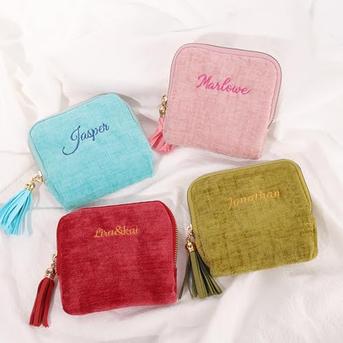 Mothers Day Gifts Personalized Travel Jewelry Case with Embroidered Name,Custom Small Jewelry Pouch Velvet Jewelry Organizer Storage Bag for Bracelet Rings Earring - color: Light Blue
