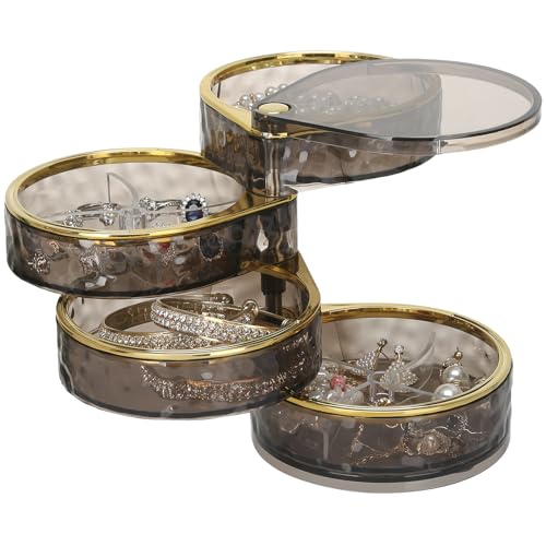 LETURE 4-Layers Rotatable Jewelry Organizer Storage Box, Clear Jewelry Holder Case for Ring Earring Necklaces Bracelets Makeup Hair Accessories - color: Clear & Grey