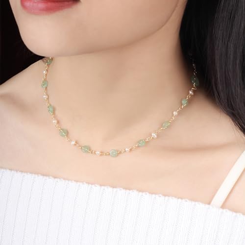 14K Gold Plated Natural Jade & Pearls Necklaces for Women, Natural Freshwater Pearls Jade Pendant Lucky Green Jewelry Chain for Women Lover (14K Gold Plated)
