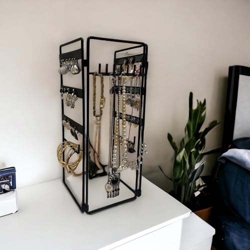 Jewelry Holder, Jewelry Organizer, folding 3 piece Jewelry Display Stand with Metal Frame, Necklace Earring Bracelet Holder, for Studs, Rings, Gift Idea, Gold, Silver, Black Color (BLACK) - color: BLACK