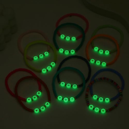 Friendship Bracelets Boho Stackable Bracelets for Women Surfer Heishi Clay Bead Bracelets Stretch Preppy Bracelets Colorful Boho Bracelets for Women - color: 12 pcs LOVE（night light)