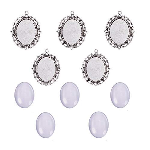 PH PandaHall Pendant Trays Set Wedding Bouquet Photo Charms Antique Silver Memory Charm Pendant Bezels Cabochon Blanks Settings 30x40mm Oval Glass Cabochon for Jewelry Making Wedding Graduation 5Sets - color: Antique Silver Oval - 5 Sets