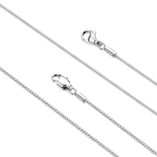 LOLIAS 2Pcs Stainless Steel Chain Necklace for Women - 1mm Thin & Strong Silver Chain Necklace - Hypoallergenic Snake Box Necklace, 16 18 20 22 24 28 30 Inch