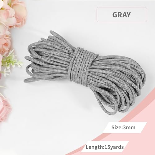 1/8 inch Gray Non-Slip Elastic Cord -3mm 15 Yards Soft Elastic Cord Stretch String Braided Thread for Sports Gear, DIY Crafts, Hair Bands, Shoelaces,Apparel Making & Camping Tie Down - color: Gray