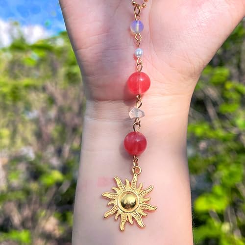 Car Rear View Mirror Accessories Sunshine Car Hanging Ornament, Sun Rearview Decor Charm Rose Quartz Beaded Crystal Cute Boho Swinging Interior Handmade Decor for Women Men - color: Pink-sun
