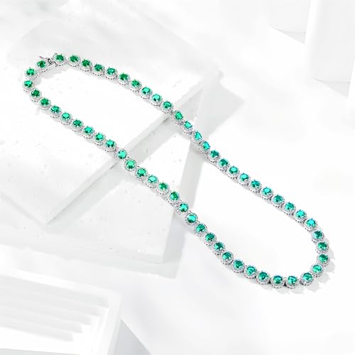 Gemsme 18K White Gold Plated Halo Necklace 5.0mm Round Cubic Zirconia Classic Tennis Necklace - color: White Gold - Green, size: 20 inch