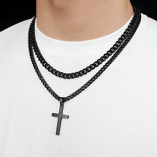 SENRAN Layered Cross Necklace for Men Boys Stainless Steel Layered Cuban Link Chain 16-24 inch Christian Cross Pendant Religious Jewelry Gifts - color: Black, style: 20inch/22inch