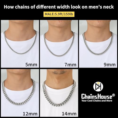 ChainsHouse Stainless Steel Mens Cuban Link Chain, Black/ 18K Gold Plated Miami Cuban Chain Necklace, 5mm/7mm/9mm/12mm/14mm Width, No Tarnish& Durable Hip Hop Mens Jewelry, 18"-30", Send Gift Box - color: a. 7mm width-steel, size: 28 inches