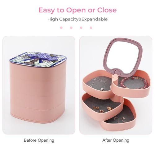 Stained Glass Bundle of Violets with A Bow Jewelry Boxes for Women, Earring Holder Organizer Rotating Jewelry Organizer for Necklaces Bracelets Ring