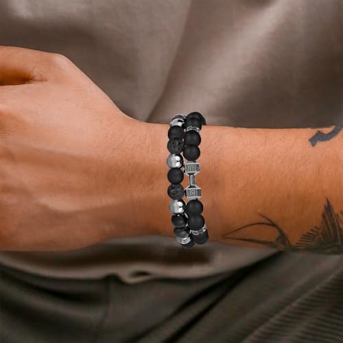 Natural Stone Bracelet 8mm Mens Black Beaded Bracelets Hematite Obsidian Onyx Lava Beads Bracelet Healing Crystal Bracelet for Men - style: Dumbbell