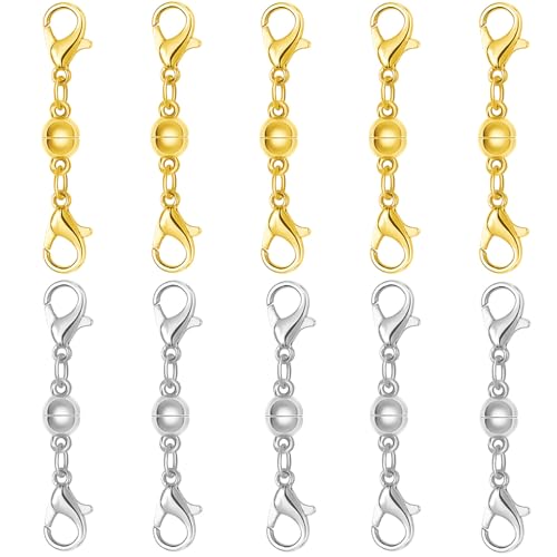 Magnetic Necklace Clasps and Closures, S925 Sterling Silver Magnetic Clasp Converter, Double Lobster Clasp Design (10pcs Gold Silver) - color: 10pcs gold silver
