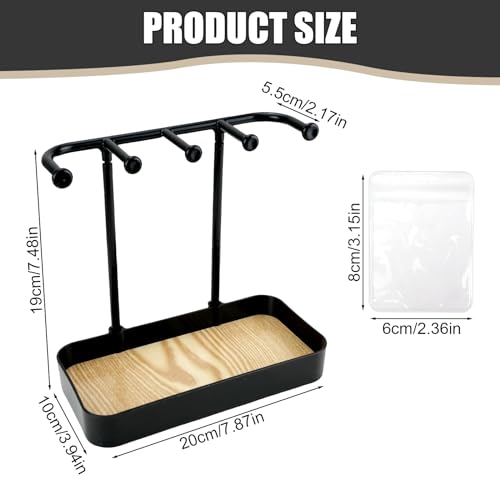 WCHOSOZH Jewelry Organizer Stand, Necklace Holder with Wooden Tray 5 Storage Hooks, Earring Holder with 5 Pcs Jewelry Bags for Bracelet,Chains,Rings,Earrings,Keys Watches,Necklaces (Black) - color: BLACK