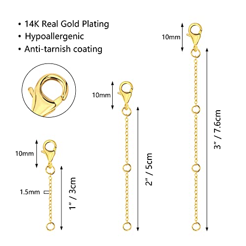 Gold Necklace Extenders,14K Gold Chain Extenders with Lobster Clasp, Durable Plated Solid Brass Necklace Bracelet Anklet Extension Chains(1 2 3 Inches, 3PCS) - color: D-Gold, size: 1,2,3inch