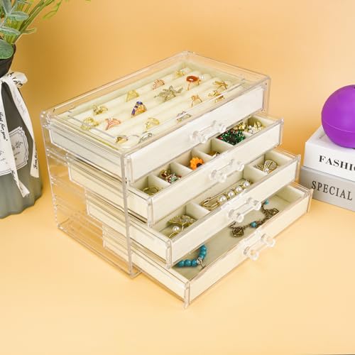 Weiai Acrylic Jewelry Organizer, Clear Jewelry Box with 4 Drawers, Jewelry Case Storage for Women (Beige) - color: Beige