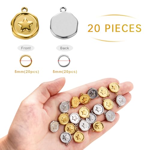 UMAOKANG Stainless Steel Charms Bulk for Jewelry Making Round Star Charm Pendant for Bracelet DIY Jewelry Supplies - color: Star Gold Silver