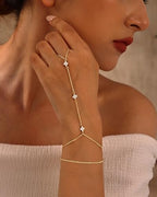 CHESKY 14K Gold Plated Hand Chain Bracelets for Women Set - Dainty Finger Ring Bracelet Stack Adjustable Hand Chains Durable Beaded Bracelets Trendy Simple Body Jewelry Gift for Women - style: 2clover bracelet-gd