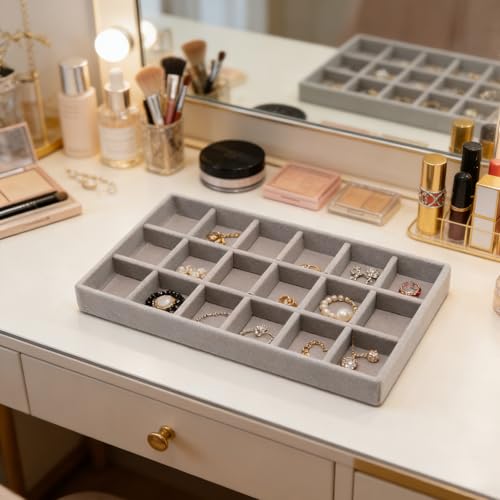 Velvet Jewelry Organizer Trays Gray Stackable Jewelry Storage Display Tray with Removable Dividers, 18 Grids - color: Gray