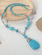 Boho Turquoise Long Beaded Necklace Natural Stone Pendant for Women Vintage Ethnic Alloy Turquoise Western Pendant Jewelry-A