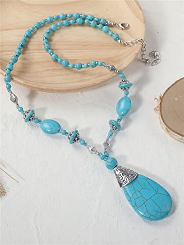 Boho Turquoise Long Beaded Necklace Natural Stone Pendant for Women Vintage Ethnic Alloy Turquoise Western Pendant Jewelry-A