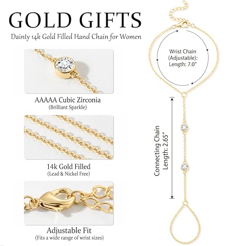 Dainty Gold Hand Chain Bracelets for Women Waterproof, Non Tarnish 14K Gold Plated Ring Bracelet Set, Stackable Cubic Zirconia Bracelet Stack Adjustable Fashion Body Hand Jewelry Trendy Accessories