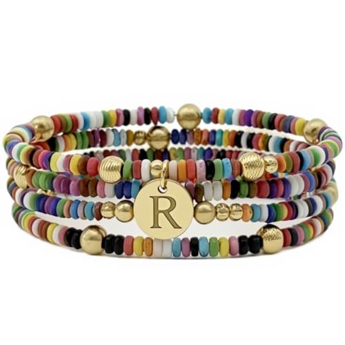 Set of 4 Colorful Bead Initial Bracelets, Personalized Stackable Jewelry, Adjustable Stretchy Charm Bracelets for Women, Beaded Bracelet Set, Trendy Custom Jewelry Gift - style: Colorful Bead - R