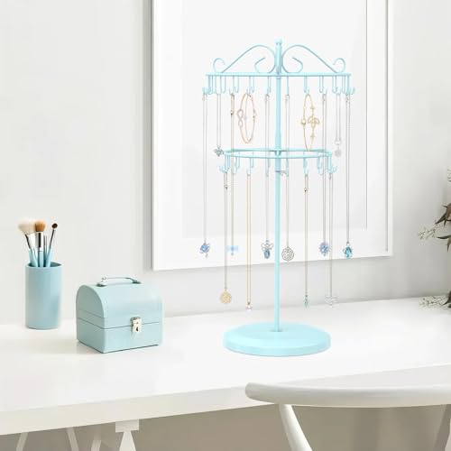 iDavosic.ly 2 Tier Rotating Necklace Holder Organizer with 42 Hooks, Adjustable Metal Bracelet Display Stand Rack, Extra Tall Keychain Spinning Tree Tower for Women, Blue - color: Light Blue