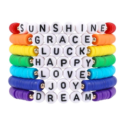 Rainbow Heishi Surfer Bracelets Set for Women Stackable Clay Beaded Bracelets Disc Stretch Preppy Bracelets Layering Colorful Friendship Bracelets Team Cheer Bulk Boho Summer Beach Jewelry Gift - style: LUCK