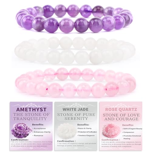 NCB 2.3-Piece 4mm Natural Crystal Gemstone Stretch Bracelets – Handmade Reiki Energy Healing Jewelry for Meditation,Yoga, Unisex - color: 3PCS ( Amethyst+Pink Quartz+White Jade ), size: 8mm