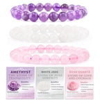 NCB 2.3-Piece 4mm Natural Crystal Gemstone Stretch Bracelets – Handmade Reiki Energy Healing Jewelry for Meditation,Yoga, Unisex - color: 3PCS ( Amethyst+Pink Quartz+White Jade ), size: 8mm
