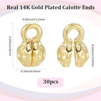Beebeecraft 1 Box 30Pcs Crimp Bead Covers for Jewelry Making Real 14K Gold Plated Round Flower Clamshell Bead Tip Knot Covers Chain Calotte Ends with Polishing Cloth for DIY Bracelets Necklaces Craft