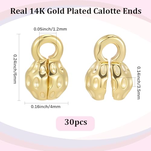Beebeecraft 1 Box 30Pcs Crimp Bead Covers for Jewelry Making Real 14K Gold Plated Round Flower Clamshell Bead Tip Knot Covers Chain Calotte Ends with Polishing Cloth for DIY Bracelets Necklaces Craft