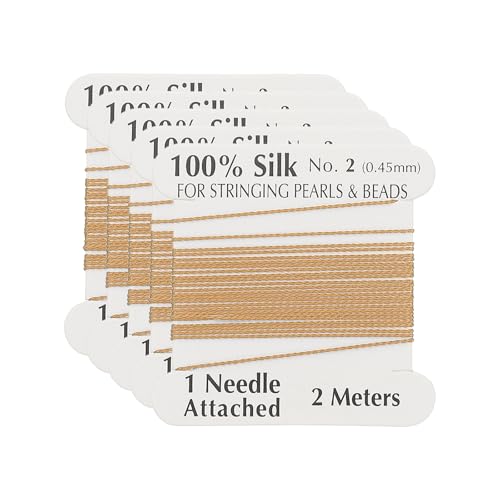 PATIKIL Silk Cord Thread, 5 Pcs Pure Silk Beading Thread Cord Size 0.45 mm with The Knotting Pearls Needle Attached, Gold Tone - color: Gold Tone