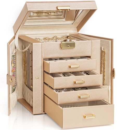 AKOZLIN 5-Tier Jewelry Box Leather Jewelry Storage Organizer with 4 Drawers Lockable for Women Girls Ring Necklace Earring Bracelet Watches Holder with Mirror Champagne - color: Champagne-gold, size: Regular-5 Layer