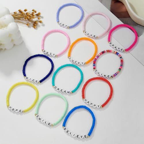 Friendship Bracelets Boho Stackable Bracelets for Women Surfer Heishi Clay Bead Bracelets Stretch Preppy Bracelets Colorful Boho Bracelets for Women - color: 12 pcs JOY