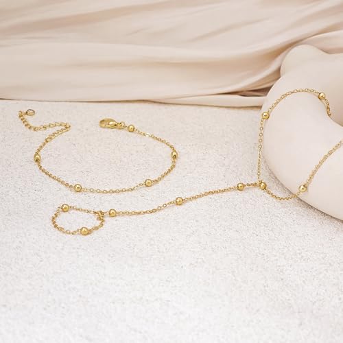 Gold Bracelets for Women Trendy, Dainty Gold Hand Chain Bracelet Stack 14k Gold Plated Finger Ring Bracelet Hand Chain Cz Layered Beaded Gold Bracelets for Women Non Tarnish Gold Jewelry Gift - style: beaded hand chain bracelet-gold
