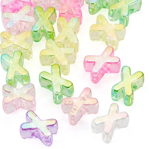 FASHEWELRY 20Pcs Large Hole Acrylic Beads Letter X Iridescent Big Plastic Letter Blocks European Beads Clear 3D Letters Initial Alphabet Bead for Keychains Necklace DIY Arts Craft - color: Random Clear, size: X