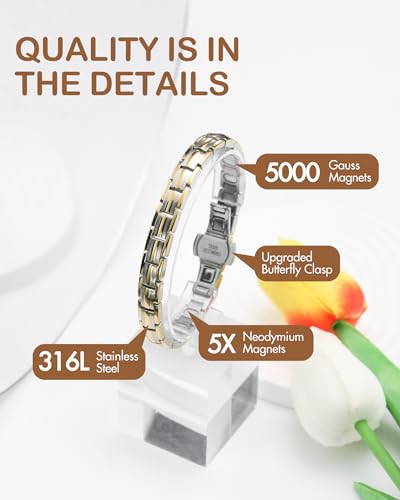 Feraco 5X Strength Magnetic Bracelets for Women, Stainless Steel Magnet Bracelet with Ultra Powerful 5000 Gauss Magnets, Upgraded Butterfly Clasp, Adjustable Jewelry Gift - color: Silver & Gold