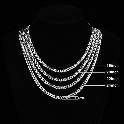 4/6mm Cuban Link Chains for Men - Gold/Silver Plated Stainless Steel Miami Curb Chain Necklace - No Tarnish Hip Hop Mens Jewelry, 18"/20"/22"/24" - color: 6MM Silver Chain, size: 22inch