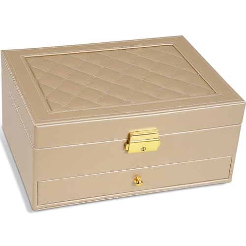 GUOER Jewelry Box for Women Girl Wife - Large PU Leather Jewelry Organizer Storage Case with Two Layers Display for Earrings Bracelets Rings Watches (Champagne) - color: Champagne