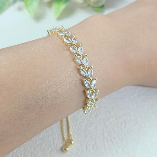 3PCS Tennis Bracelets for Women Set - Stackable Gold & Silver Plated Brass - Round & Marquise Cubic Zirconia - Adjustable & Foldover Clasp - Elegant Jewelry Gift for Her, Mom, Wife, Girlfriend - color: Gold - 3PCS Bracelet Set