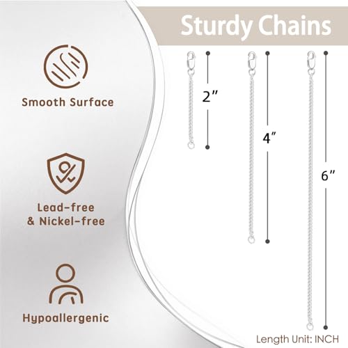 VANBARIS Silver Necklace Extenders for Women, Durable Necklace Extender Sterling Silver for Bracelet & Anklet, Adjustable & Hypoallergenic, Set of 3 Extension Chains(2+4+6 inch | Silver) - color: silver