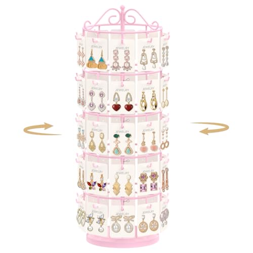 MODOWEY Earring Card Display Stand for Vendors, 50 Hooks Metal Rotating Organizer Rack Holder, 5 Tier Adjustable Jewelry Tree for Stud Pierced Dangle Selling, Boost Sales Compact Earing Hanger, Pink - color: Pink