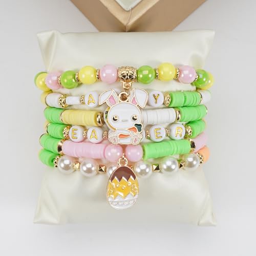Twinfree Bohemia Beaded Bracelet for Women, Polymer Clay Stretch Bracelets - color: color 39