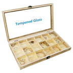 Mooca Wooden Display Storage Case with Tempered Glass Lid for Jewelry and Beads with 18 Compartments Tray, Oak Color, 15" W x 8 3/4" D x 2" H - color: Oak