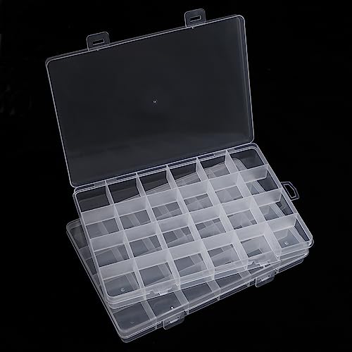 2PCS 24 Grids Clear Plastic Organizer Box Fixed Compartment Storage Container for Craft, Beads, Jewelry, Fishing Tackle, Art, Small Items