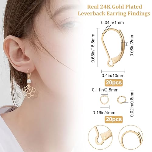 Beebeecraft 1 Box 20Pcs Leverback Earring Findings 24K Gold Plated Brass Earring Hooks Clasp 16.5x10mm Ear Wire Clip with 20Pcs Open Jump Rings for DIY Jewelry Making - color: 20Pcs 24K Gold Plated 304 Stainless Steel #3