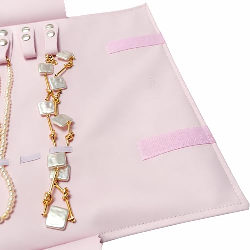 UnionPlus Travel Jewelry Roll, Faux Leather Necklaces Organizer Bag, Elastic Band and Anti-winding, Petal Pink - color: Leather Petal Pink, size: Medium
