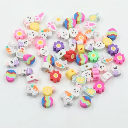 100 Pcs Colorful Easter Polymer Clay Beads Mixed Bunny & Egg Soft Heishi Spacer Beads Supplies for DIY Bracelet Earring Necklace Jewelry Making - color: Easter