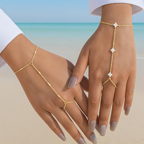 YEEZII Gold Hand Chain Bracelets for Women, 2 Pcs 14k Gold Plated Cubic Zirconia Link Chain Bracelet Set, Trendy ring bracelet hand chain Jewelry for Her - color: Gold-F