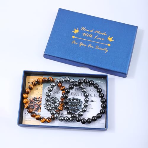 NCB 2.3-Piece 4mm Natural Crystal Gemstone Stretch Bracelets – Handmade Reiki Energy Healing Jewelry for Meditation,Yoga, Unisex - color: 3PCS ( Black Onyx+Hematite+Yellow Tiger's Eye ), size: 8mm